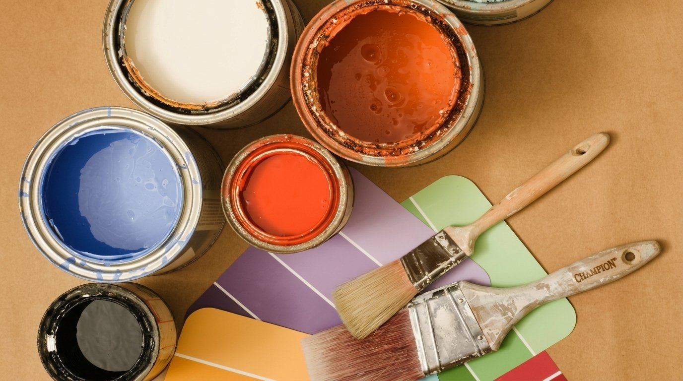 Overhead view of open paint cans in blue, red, white, and black with two paintbrushes and color swatch cards.