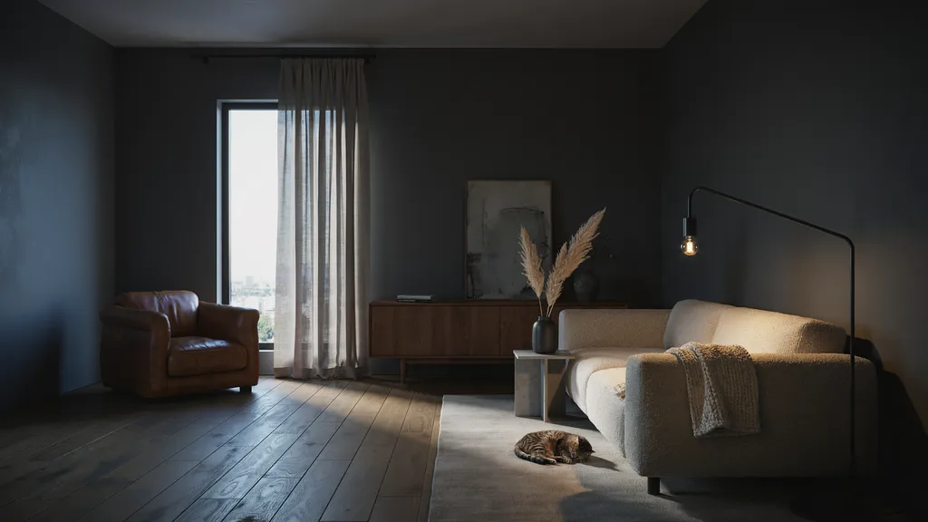 Very dark charcoal walls making a low-light room feel smaller and darker.