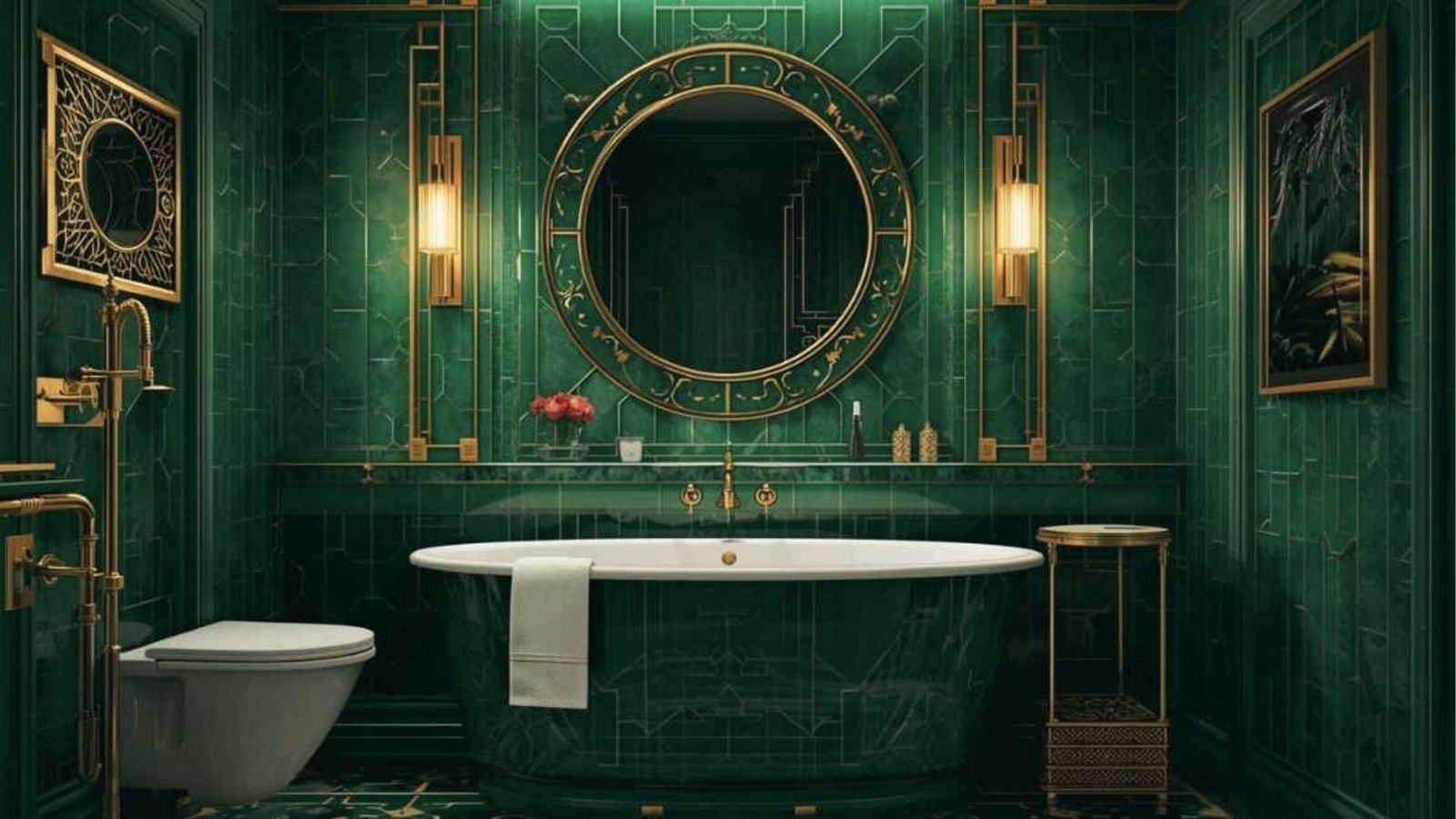 Art deco influenced emerald marble bath with ornate gold mirror, geometric tile, and luxe lighting.