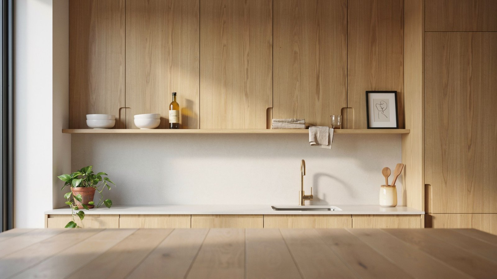 Decluttered kitchen with oak cabinets and a clean modern design.