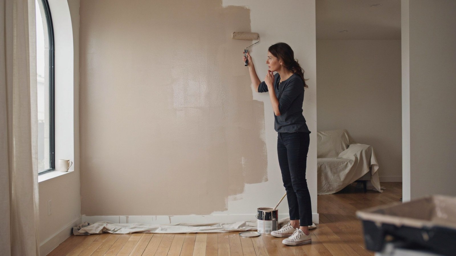 One wall being painted with a quart of paint.