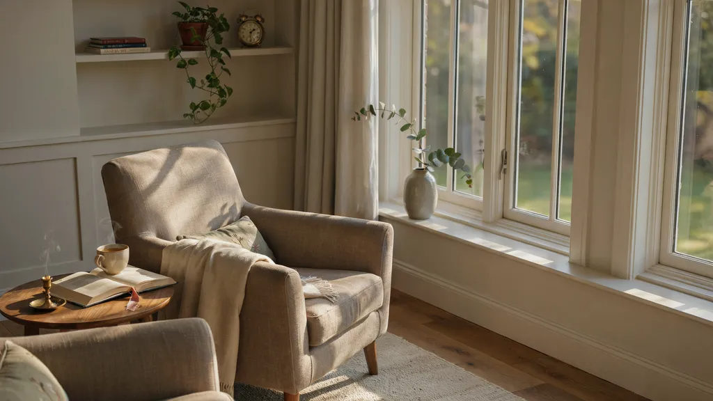 Warm beige sunroom designed for relaxation and comfort.