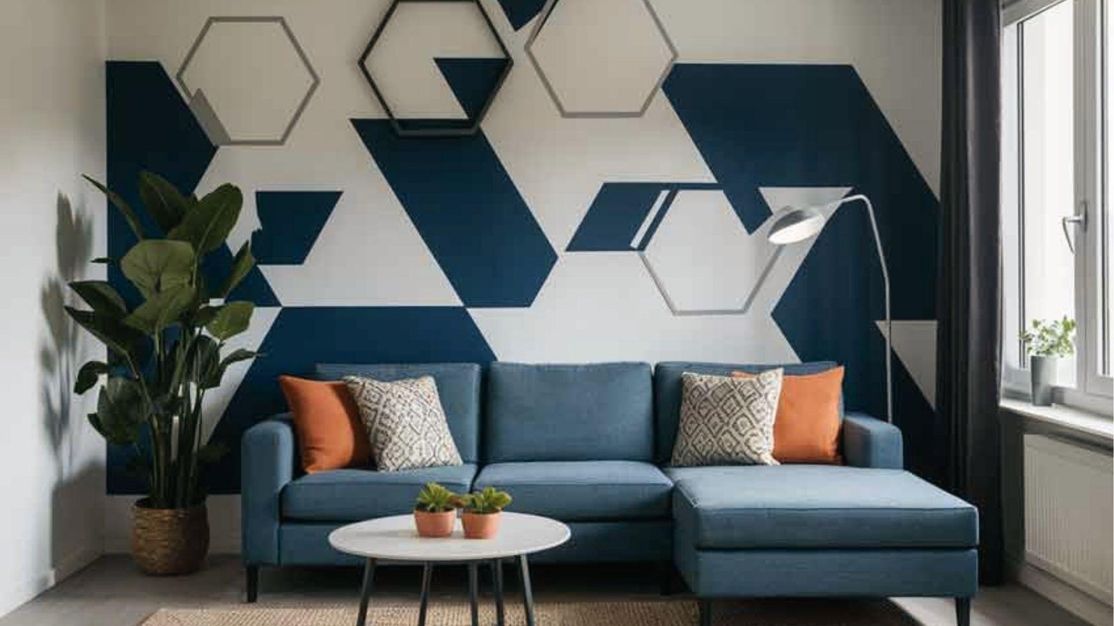 Modern living room with navy blue geometric hexagon tape accent wall behind blue sectional sofa