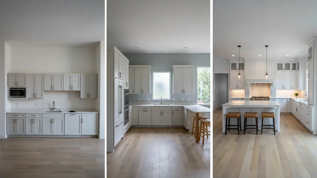 Small medium and large kitchen layouts showing different cabinet sizes and configurations in clean realistic interior environments with natural lighting.