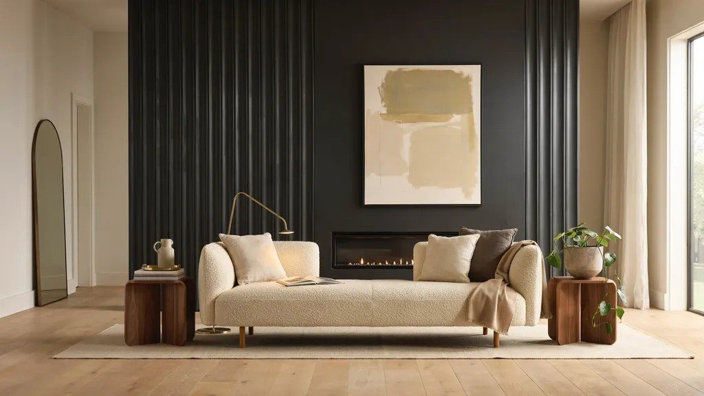Deep black fireplace accent wall making a bold and deep design statement.