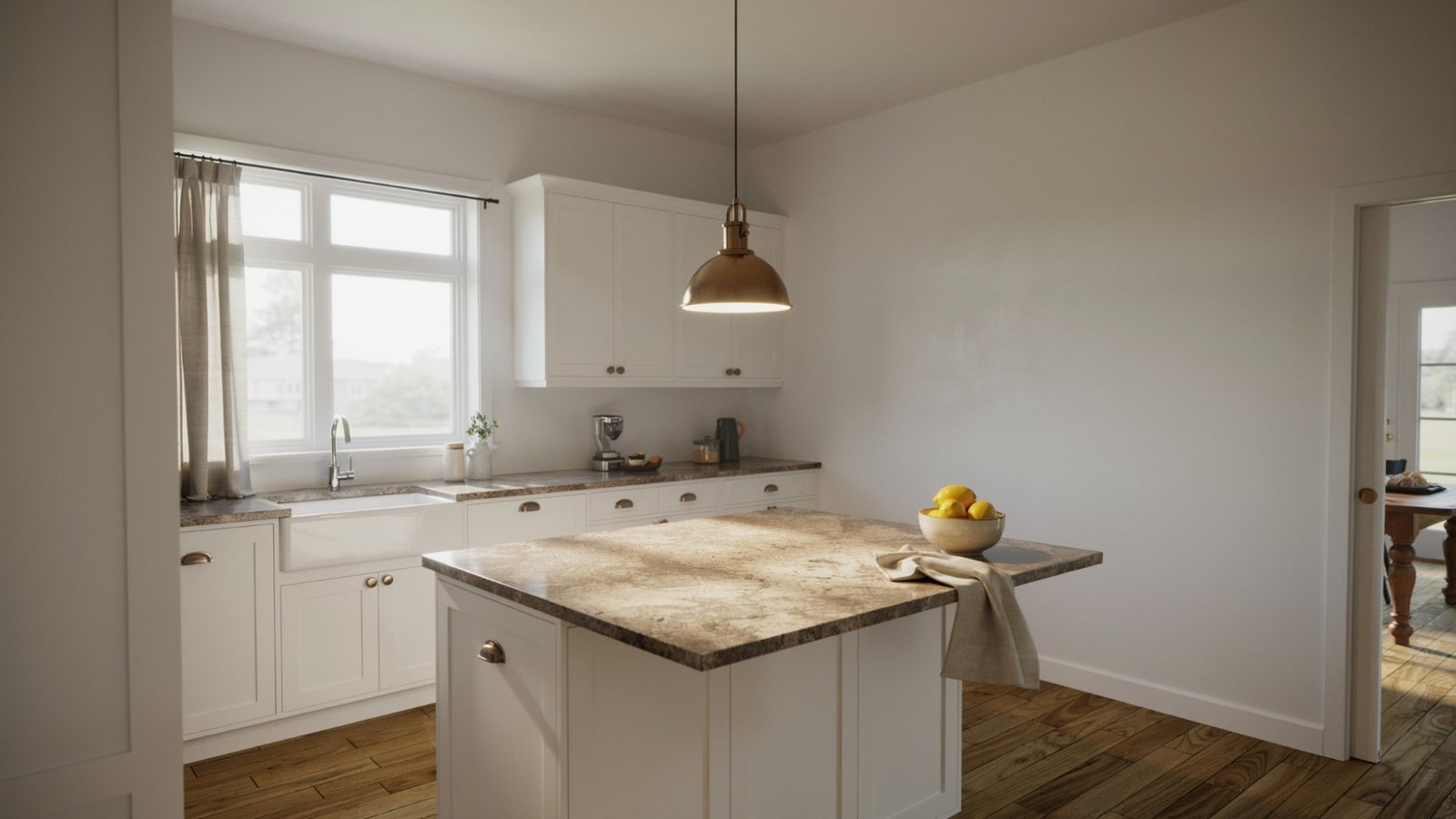 Warm white walls paired with brown granite countertops in a bright kitchen.