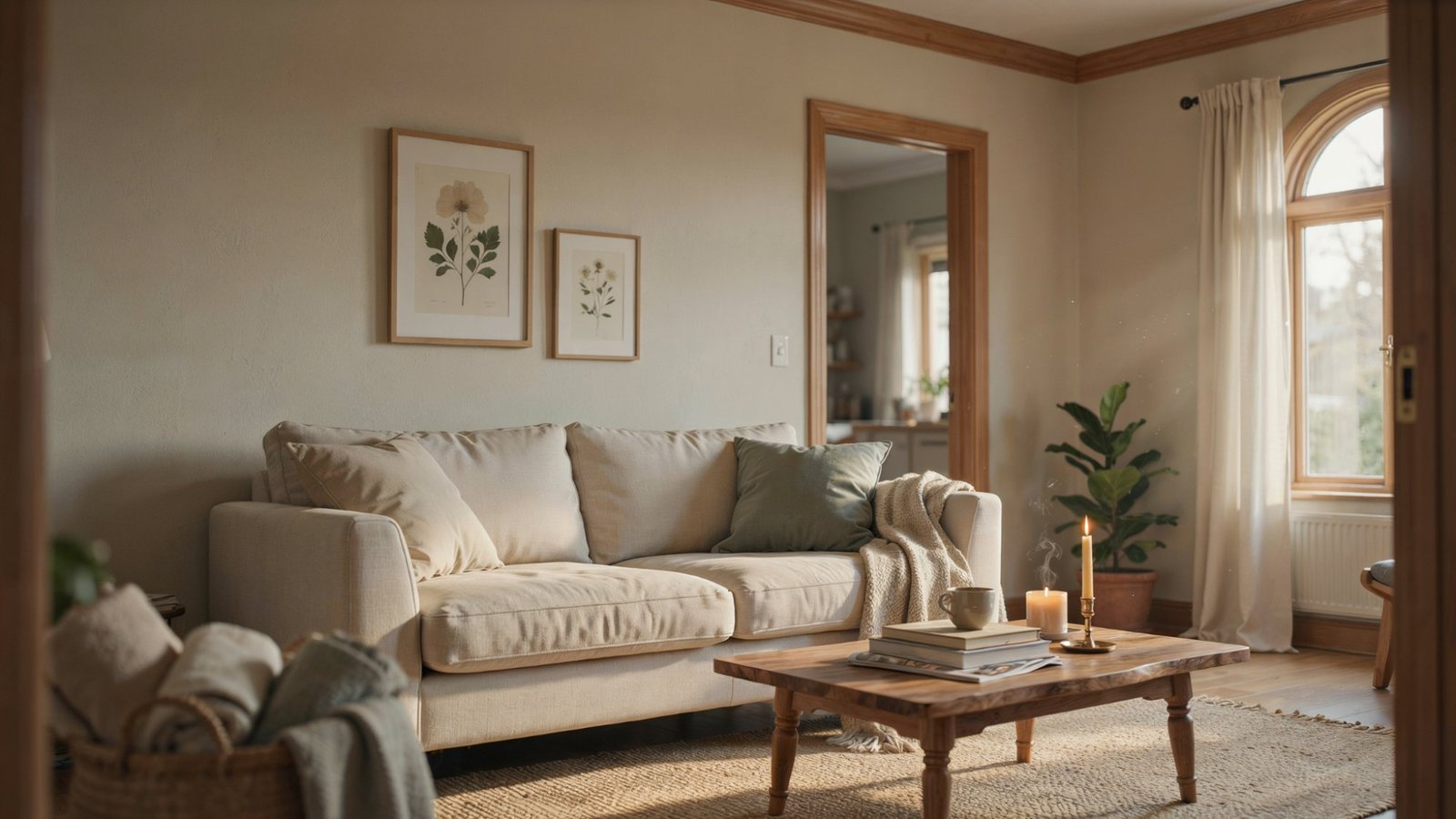 Living room with warm beige walls and oak trim creating a cohesive and welcoming look