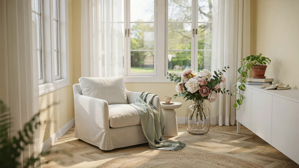 Cheerful sunroom with buttercream yellow walls and bright décor.