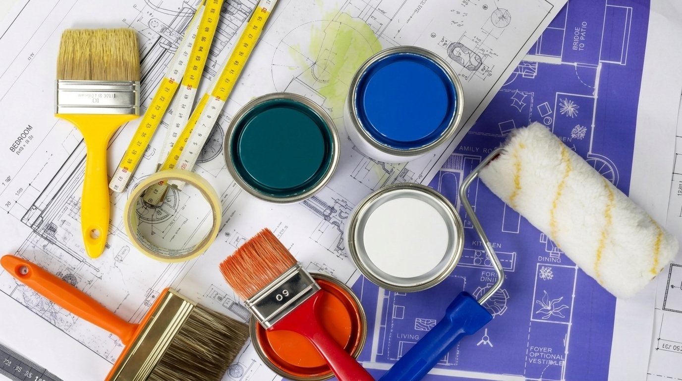 Paintbrushes, rollers, painter’s tape, measuring tape, and open cans of blue, green, white, and orange paint arranged on house blueprints.