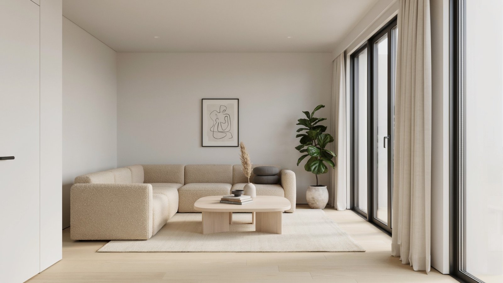 Smooth white ceiling in a modern living room.