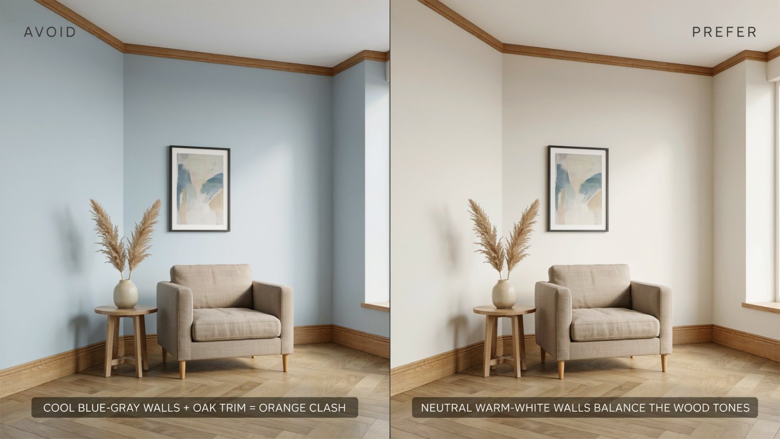 Cool gray walls creating an unbalanced look with oak trim.