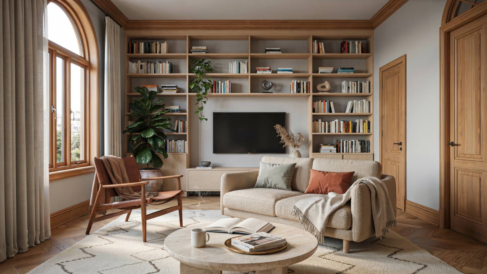 Colonnade Gray walls creating contrast with oak trim.