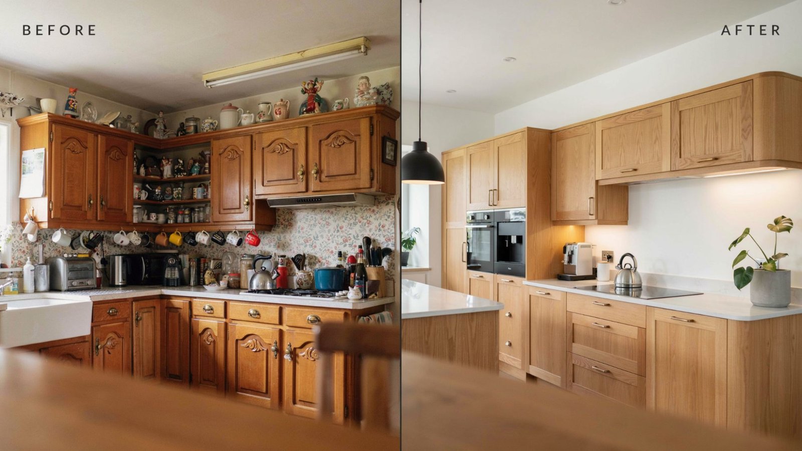 Side-by-side comparison of outdated oak cabinets versus a modernized oak kitchen.