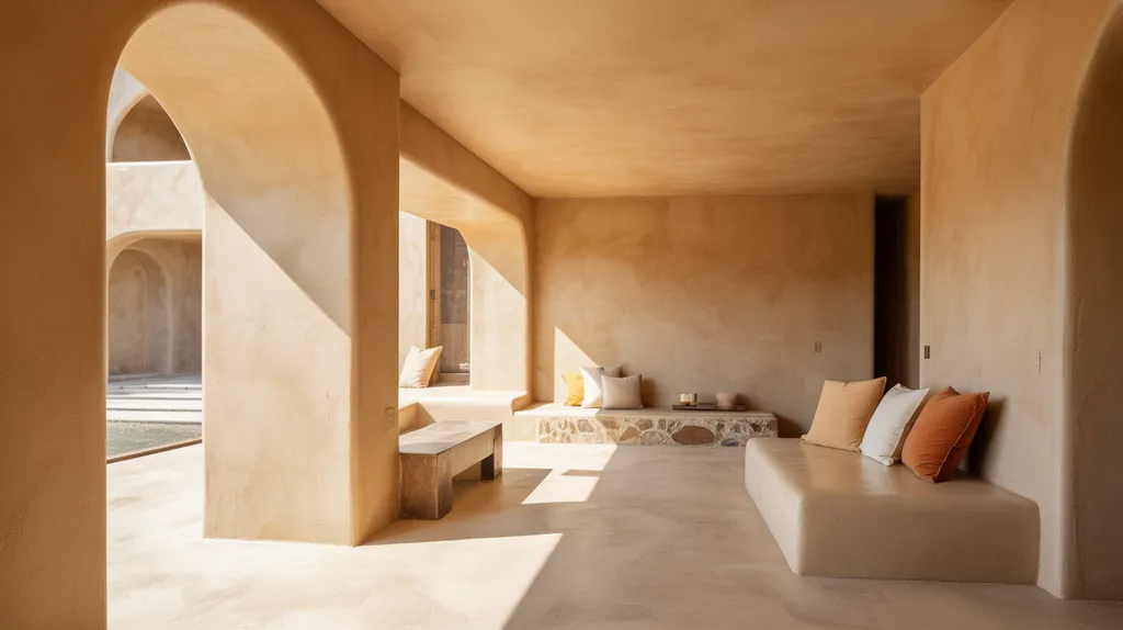 Soft matte stucco walls in a warm modern Mediterranean interior.