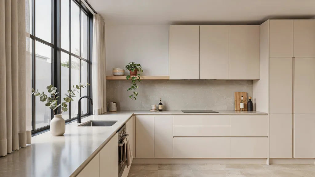 Freshly painted kitchen cabinets with smooth satin finish in modern interior space with clean surfaces and soft natural daylight illumination.