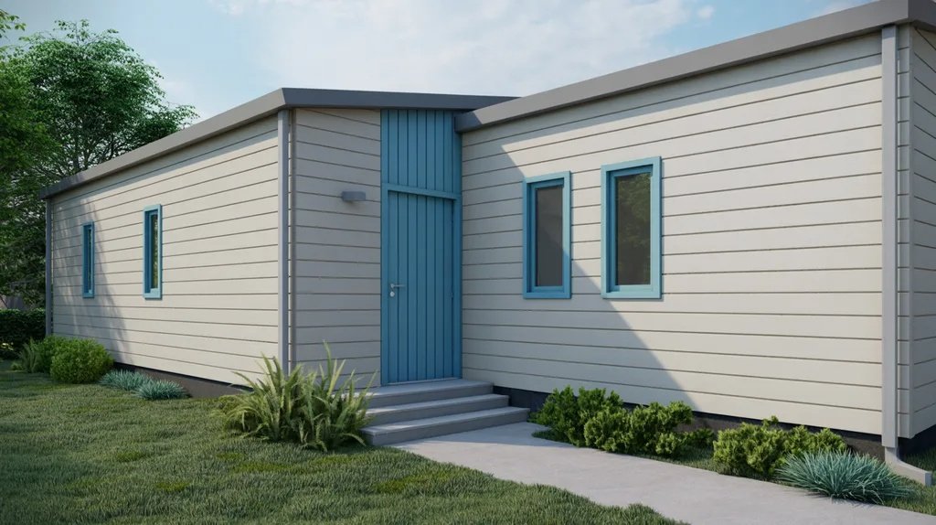 Light grey mobile home with teal door adding a subtle pop of color.