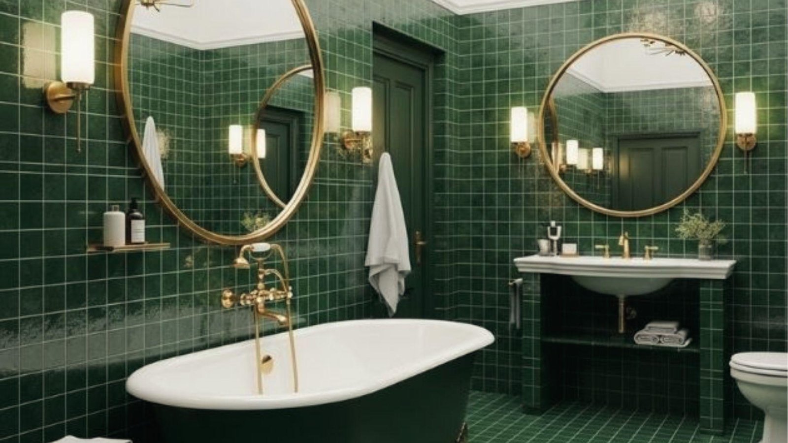Dramatic dark green tile bathroom with twin gold round mirrors, sconces, and vintage fixtures.