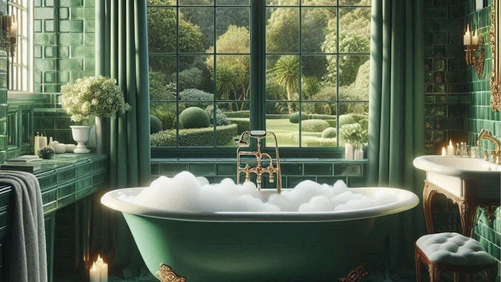 Luxe green tiled bathroom with garden view, bubble filled tub, gold faucet, and candlelight.