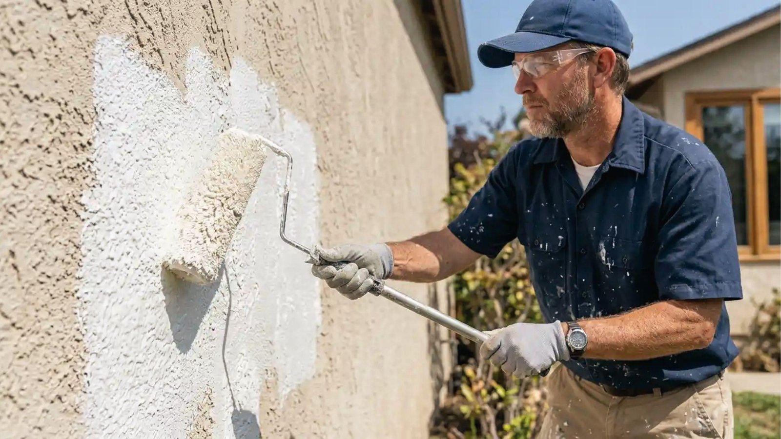 Painter applies elastomeric coating to rough exterior wall, advantage is long-term weather resistance.