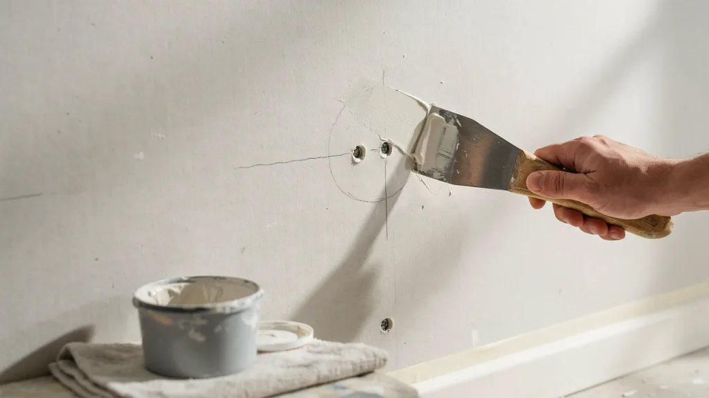 Repairing wall imperfections with filler before painting.