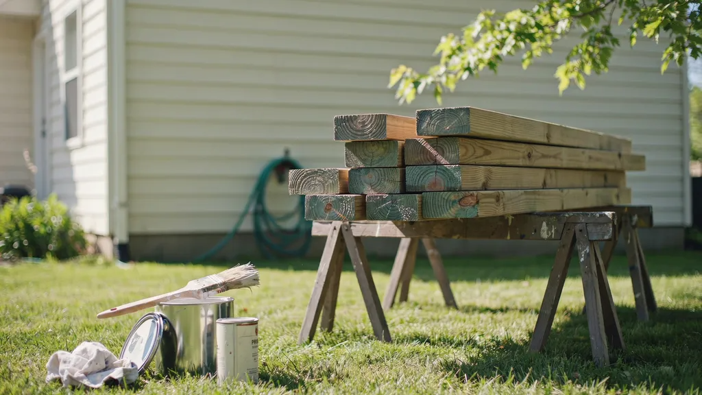 Stacked treated wood drying outdoors in sunlight with paint tools nearby, showing why wood must dry before painting.