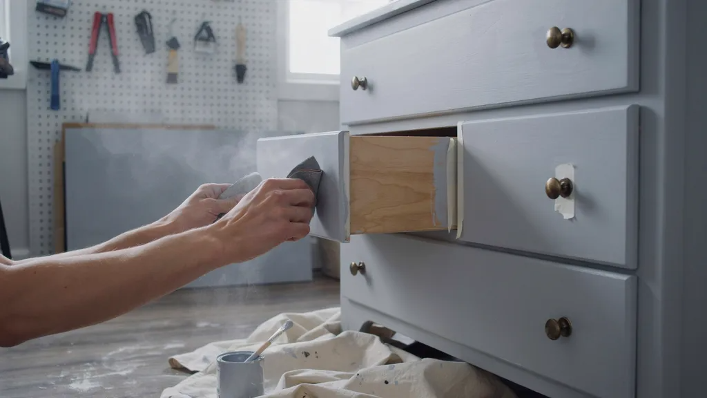 Sanding furniture edges to create a distressed appearance.