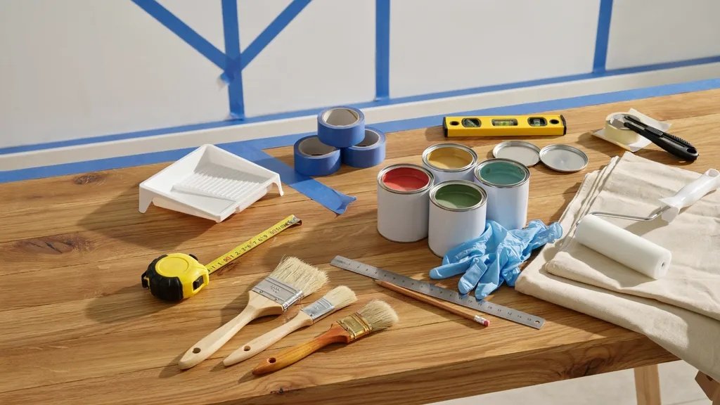 DIY tape wall paint design supplies arranged on a work surface, including painter's tape, paint cans, brushes, measuring tape, level, pencil, drop cloth, and paint tray ready.