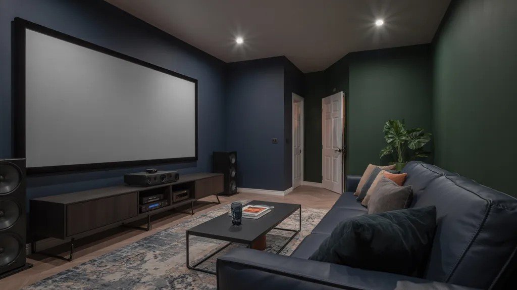 Basement entertainment room with dark tones creating an immersive viewing experience.