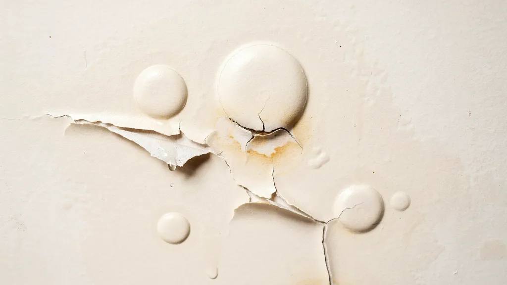 Bubbling paint and adhesion problems on a heavily painted wall.