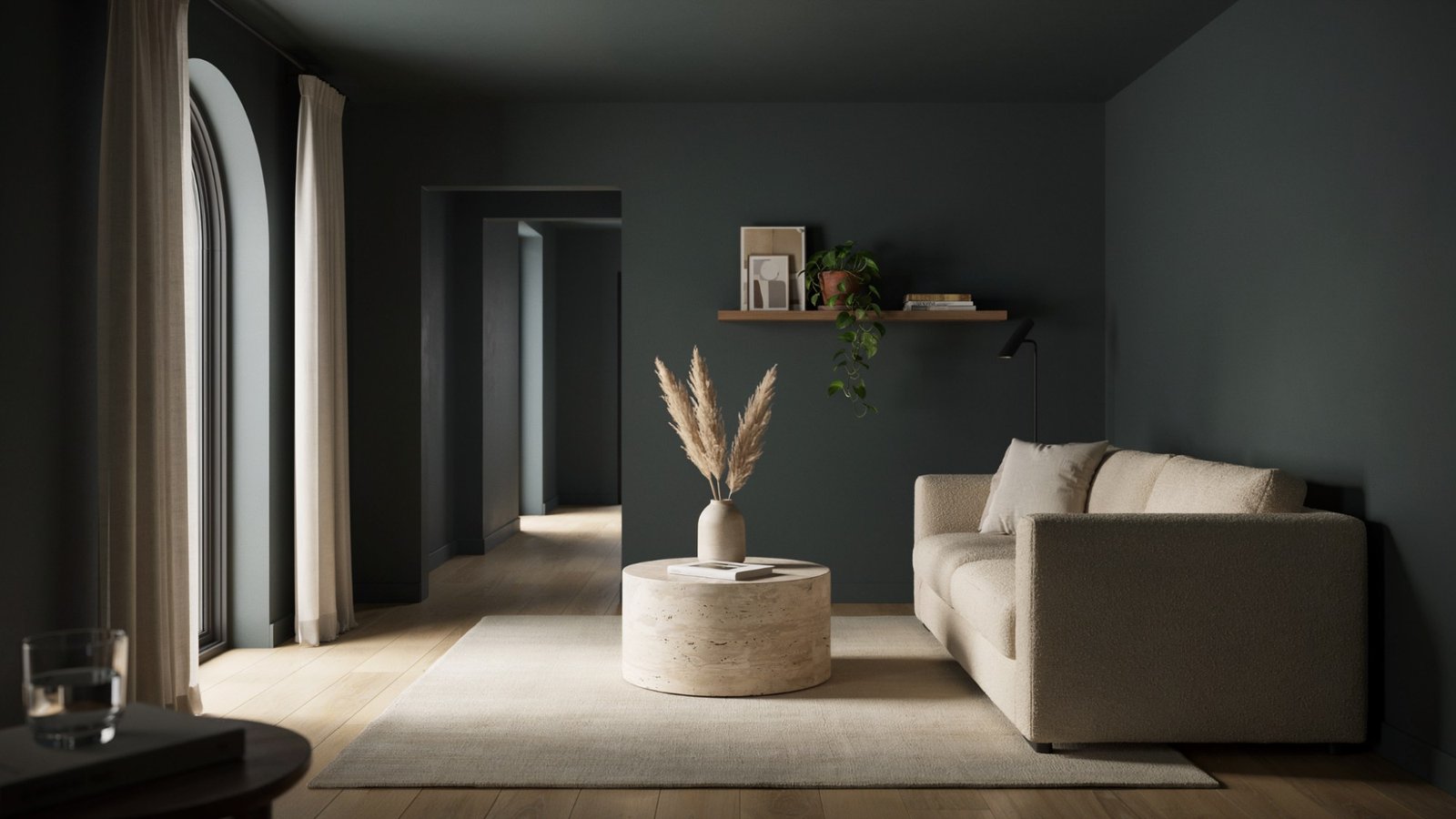 Organized dark-painted room showing how minimal decor creates a more spacious feel.