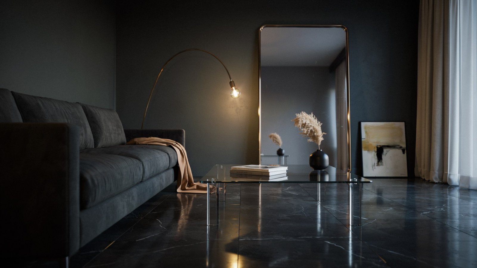 Dark-painted room using mirrors and reflective surfaces to increase brightness and depth.