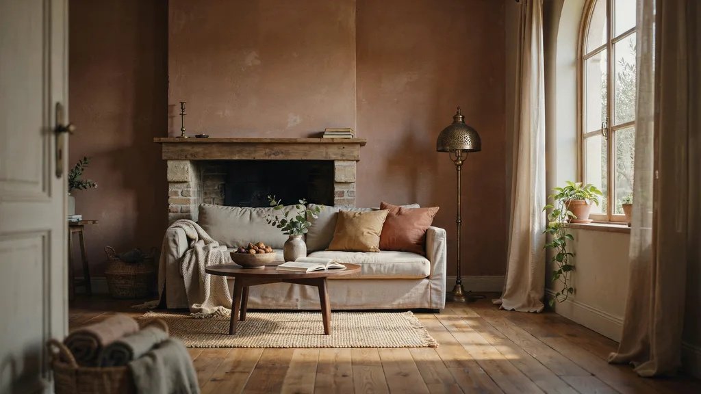 Terracotta fireplace accent wall adding rustic warmth and Mediterranean-inspired character.