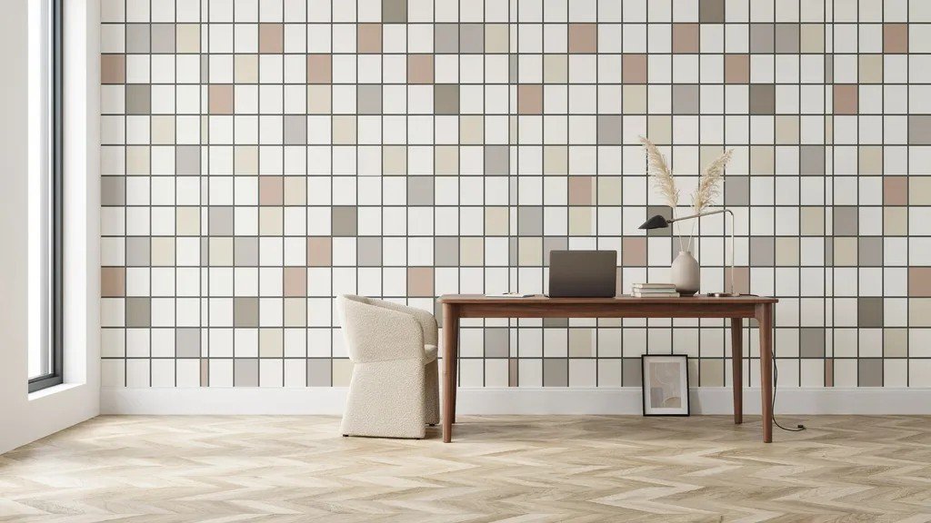 Minimalist grid pattern wall with evenly spaced squares and rectangles for a sleek modern aesthetic.