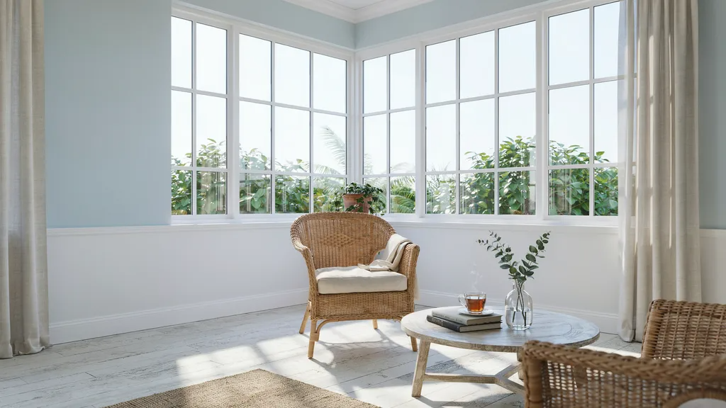 Coastal-inspired sunroom with pale blue walls and bright natural light.