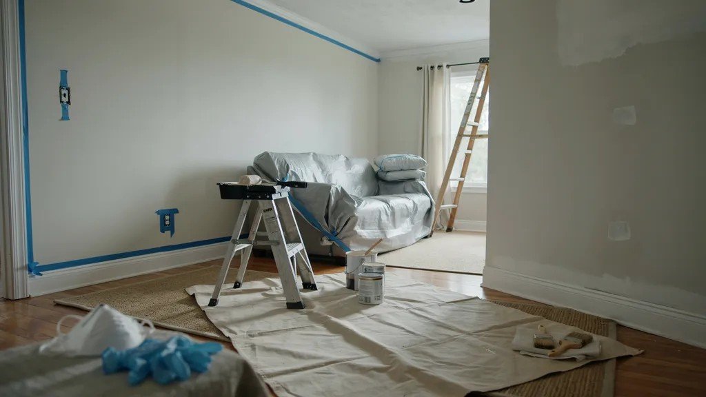 Interior painting preparation showing covered furniture taped edges and tools highlighting additional costs before starting a house painting project indoors.
