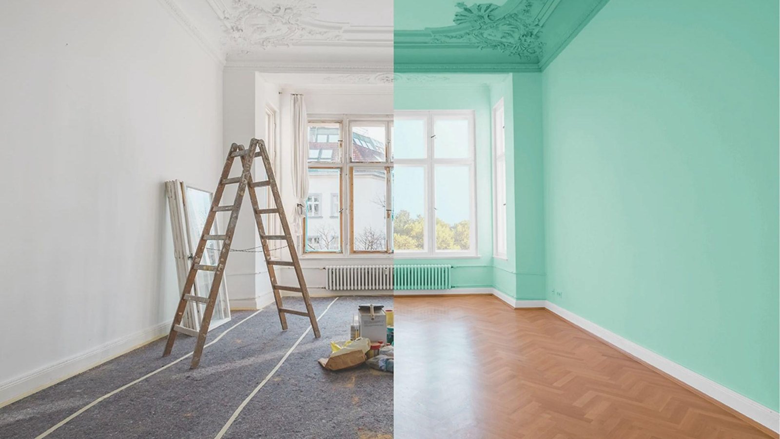 Split-view of a room: left side shows prep with ladder, right side shows finished mint green paint.