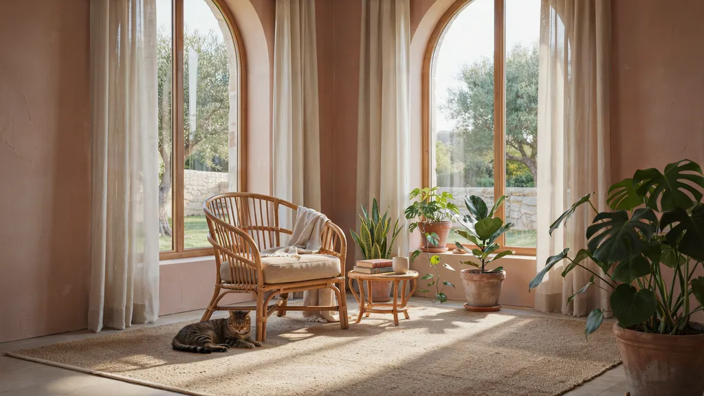 Earthy sunroom with light terracotta walls, plants, and natural textures.