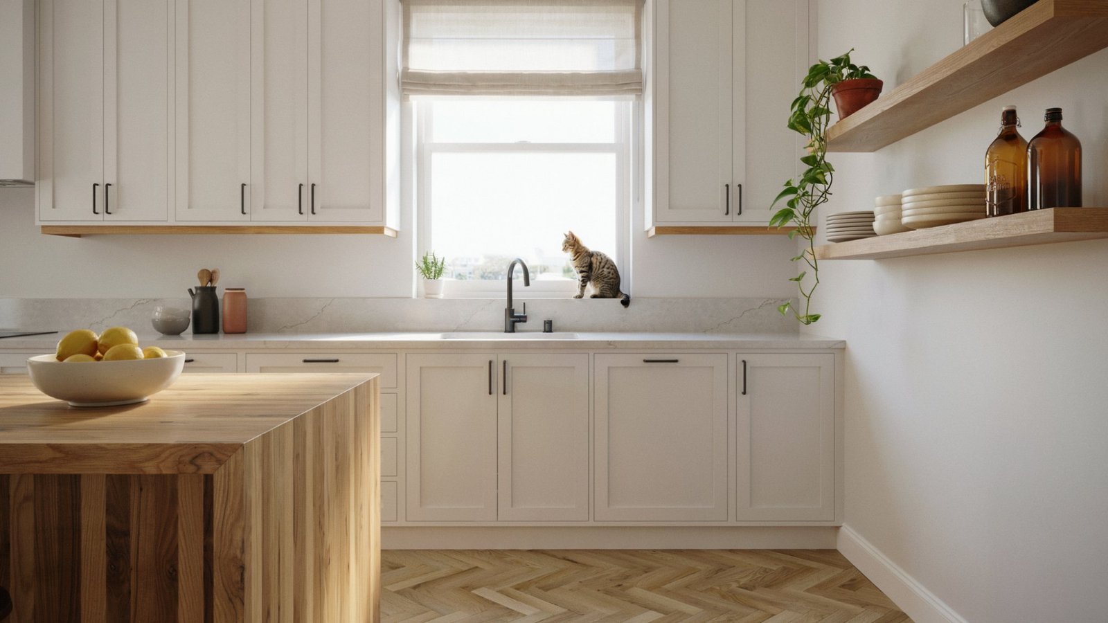 White Heron walls paired with oak wood trim.