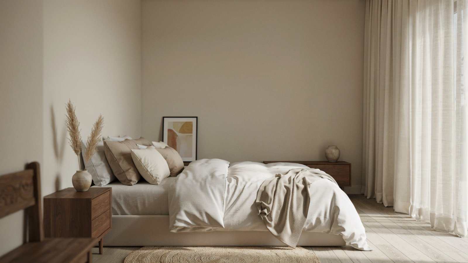 Pale Oak walls creating a calm bedroom with light wood floors.