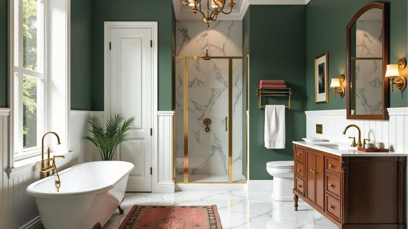 Traditional bath with forest green walls, white wainscoting, gold shower frame, and wood vanity.