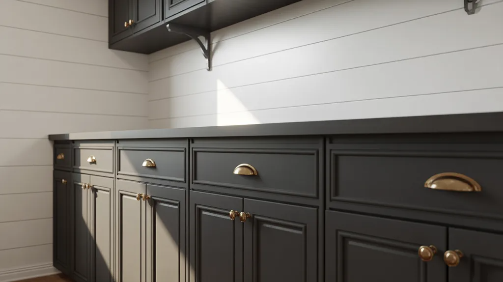 Farmhouse laundry room with Cyberspace navy-gray cabinetry.