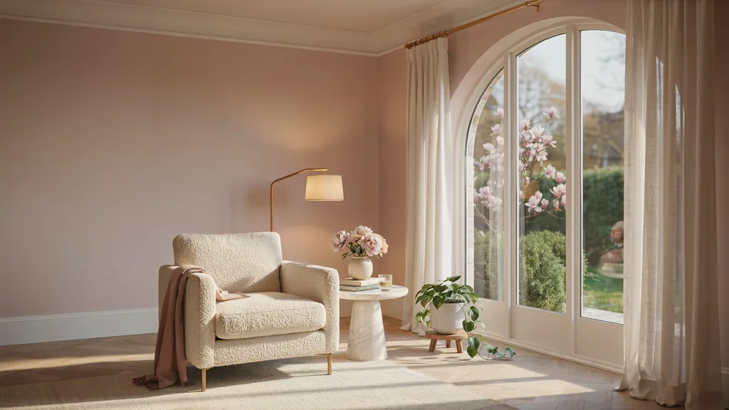 Blush pink sunroom with a cozy reading corner and soft natural light.