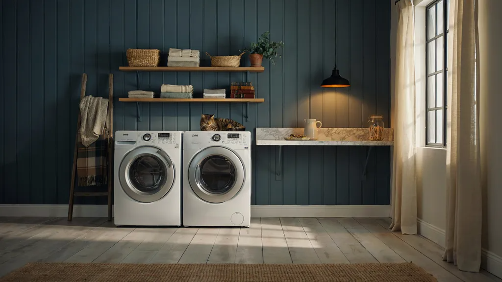 Farmhouse laundry room featuring Slate Teal accent wall