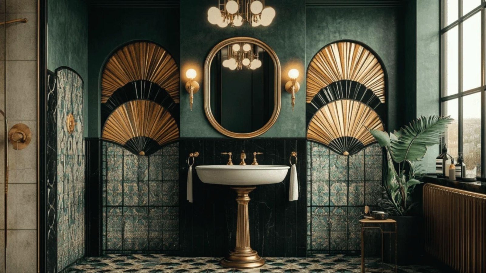Art deco bathroom with gold fan motifs, black tile, pedestal sink, and brass chandelier.