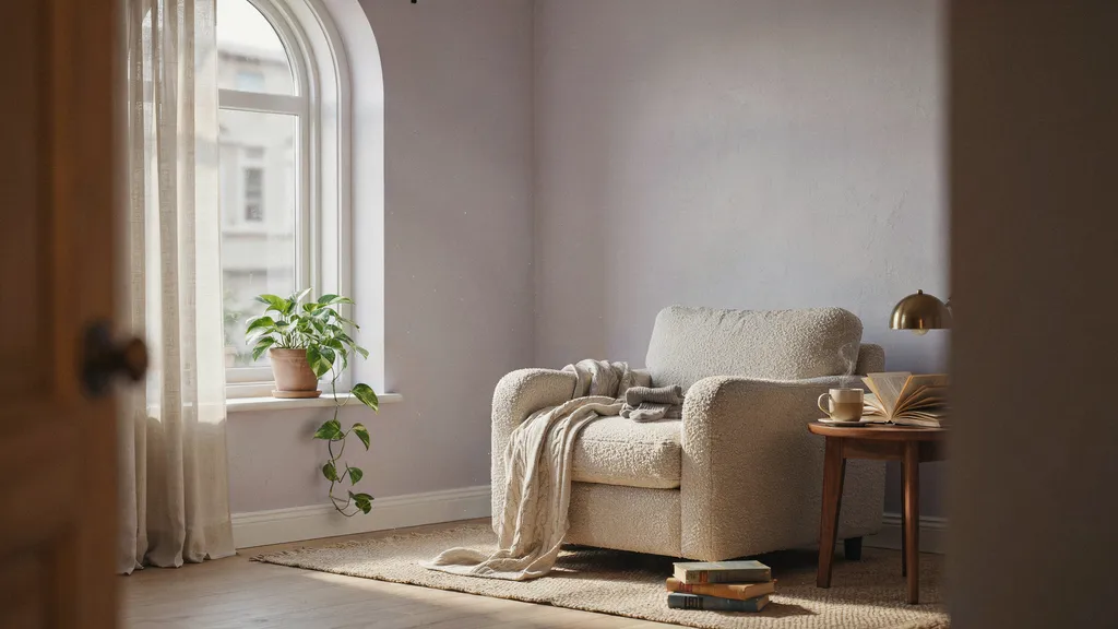 Pale lavender walls adding softness and brightness to a dark room.