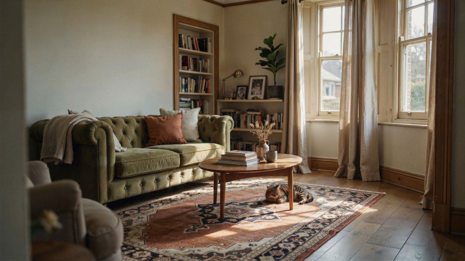 Gentle Cream walls creating a warm look with oak trim.