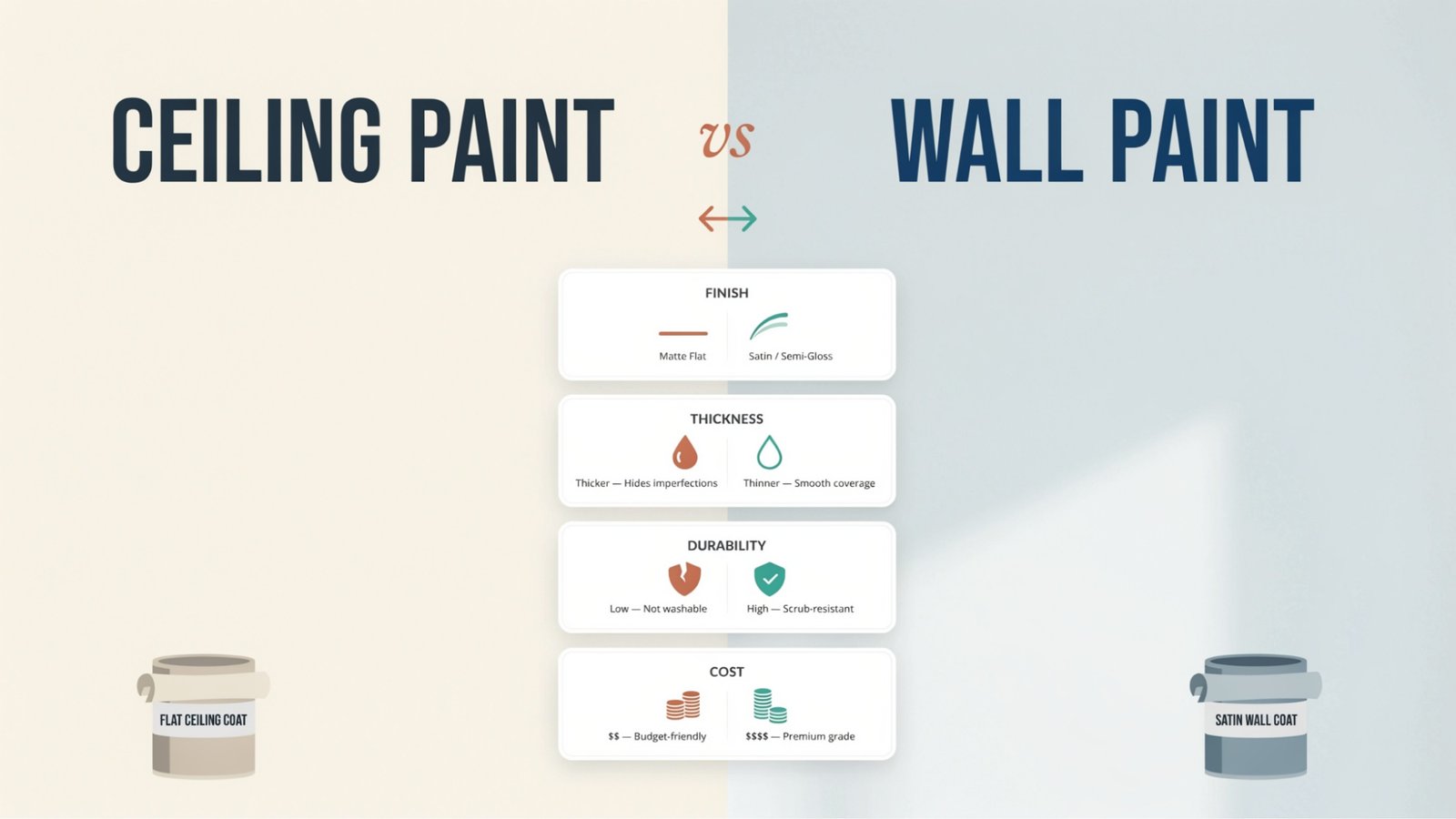Visual comparison of ceiling paint and wall paint features.