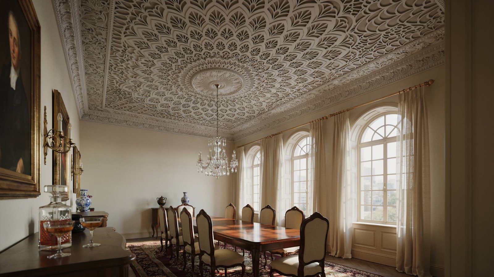 Lace ceiling texture in a dining room.