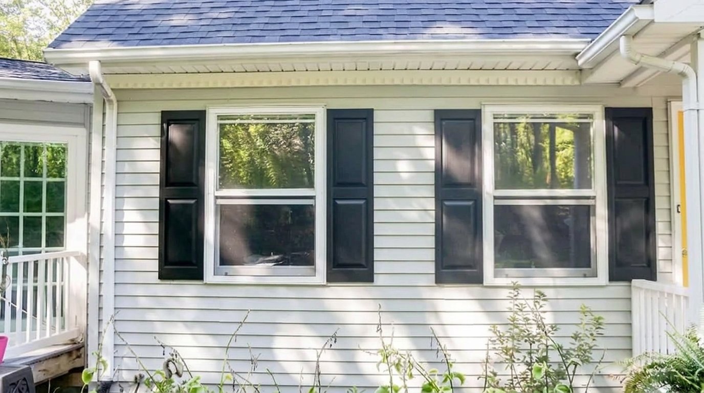 Front view of a light-colored house with four black-painted window shutters flanking two double-hung windows.