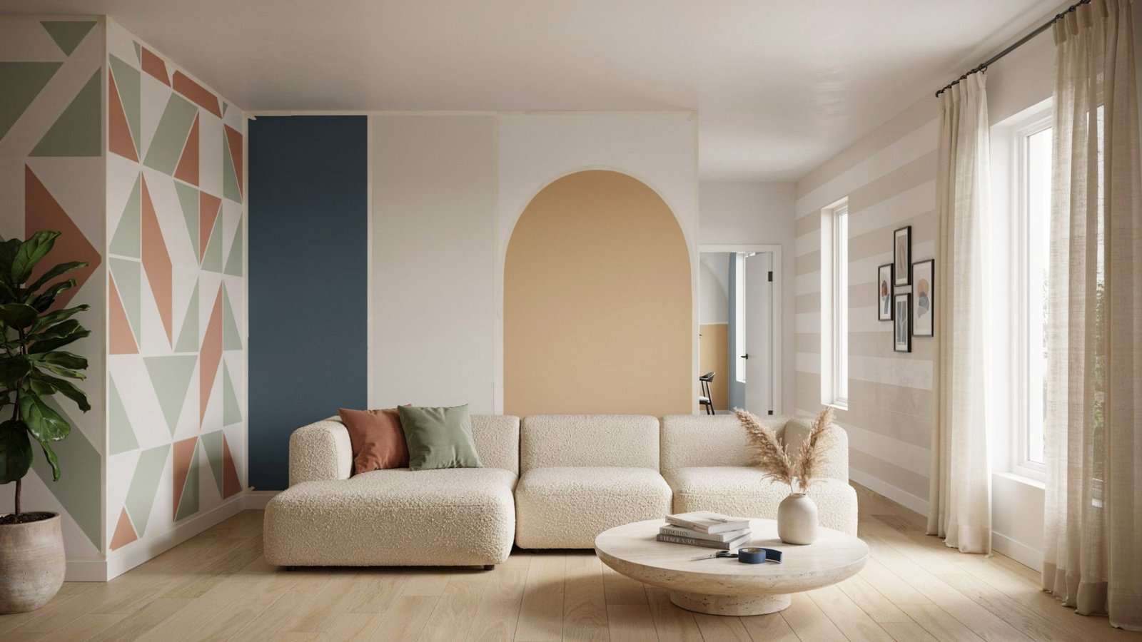 Collection of creative wall paint designs made with tape, featuring modern patterns and accent wall ideas.